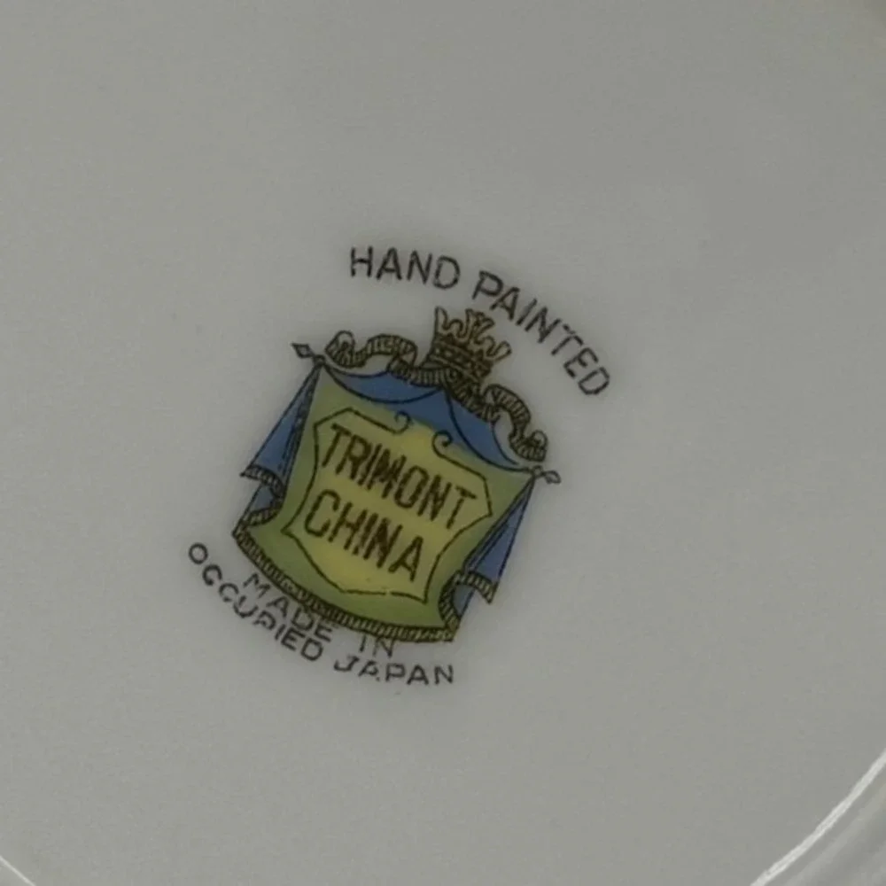 Vintage Trimont China Teacup Saucer Hand Painted Occupied Japan Green Gold